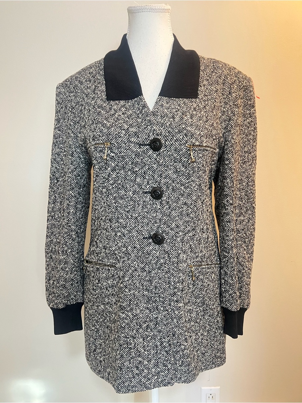 ESCADA by Margaretha Ley Black & White Tweed Long Jacket Coat with Gold-Tone Zip